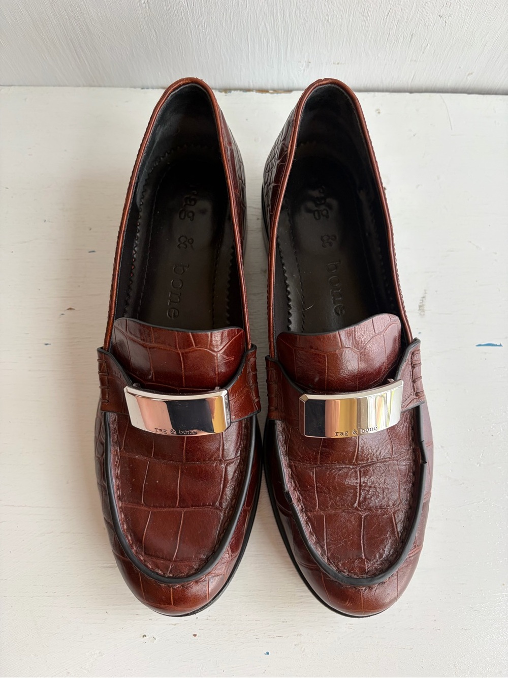 rag & bone Brown Croc-Embossed Leather Loafers – Silver Logo Hardware - Picture 3 of 11